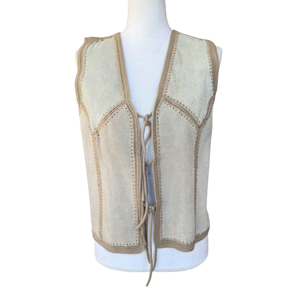 Vintage The Broadway Leather Suede Knit Vest Tan Crochet Whipstitch Tie Front M